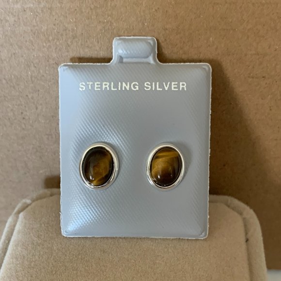 NWOT Silver & Oval Tiger Eye "Stud" Earrings - Picture 3 of 5